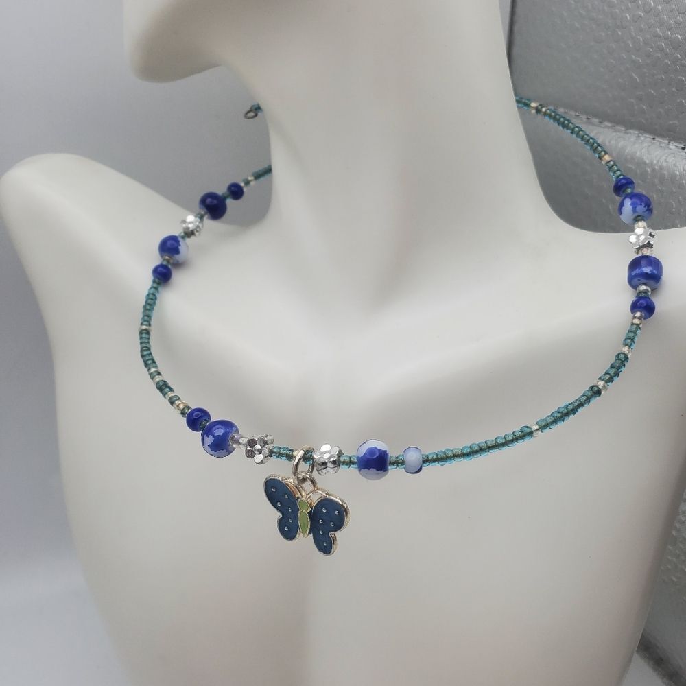 Butterfly blue beaded choker collar necklace‎